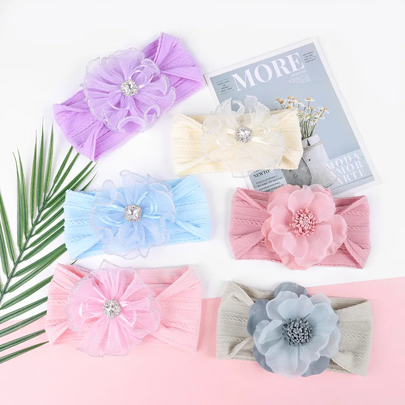 

Chiffon Flower Diamond Headband for Children Hair Accessories Newborn Soft Nylon Turban Kids Hair Flower Toddler Items Headwear