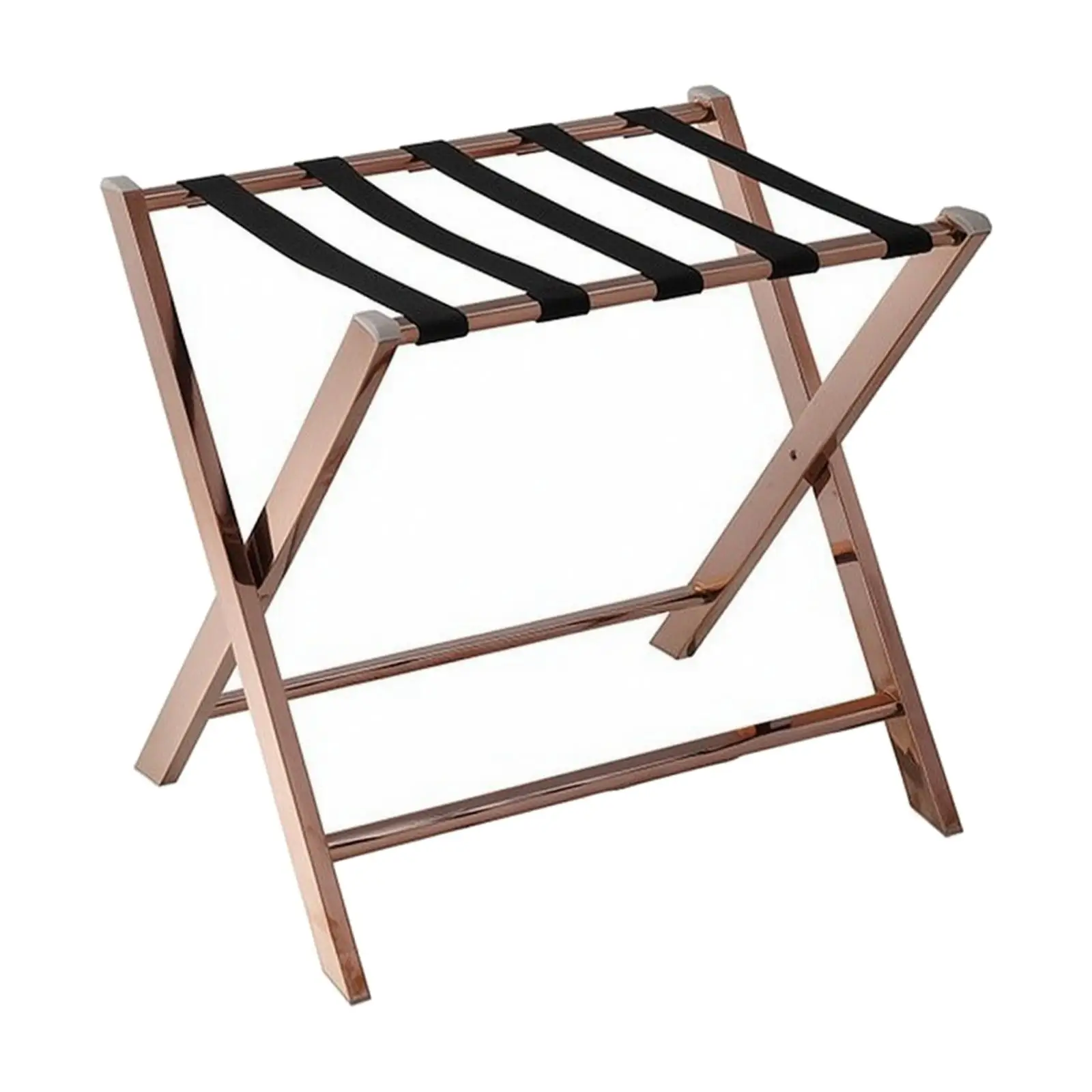 Folding Stainless Steel Hotel Luggage Rack with Straps for Guest Room Suitcase Storage Stand