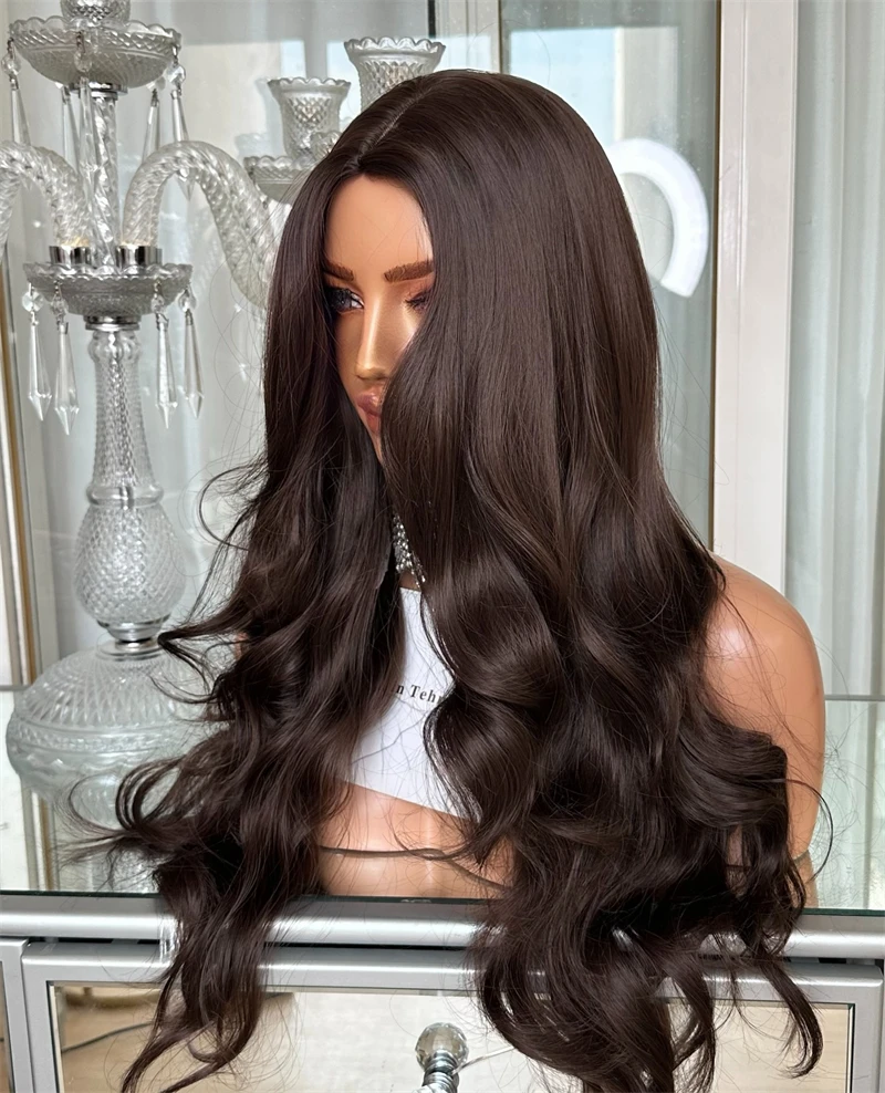 Heat Resistant Fiber Wig Dark Brunette Brown Synthetic Lace Front Wig Glueless Preplucked Hairline Original Factory Cheap Wigs