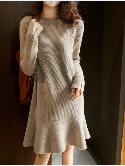 

Versatile Round Neck Knit Dress Solid Color Slimming Medium-Length Base Ruffle Edge Fish Tail Skirt New Arrival Fall 2025