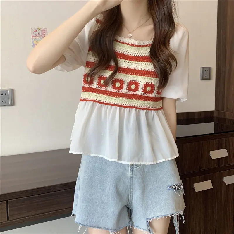 Pullover 2023 Square Collar Chiffon Spliced Knitwear Hooked Flower Hollow Chic Sweet and Spicy Small Unique Short Blouse Women