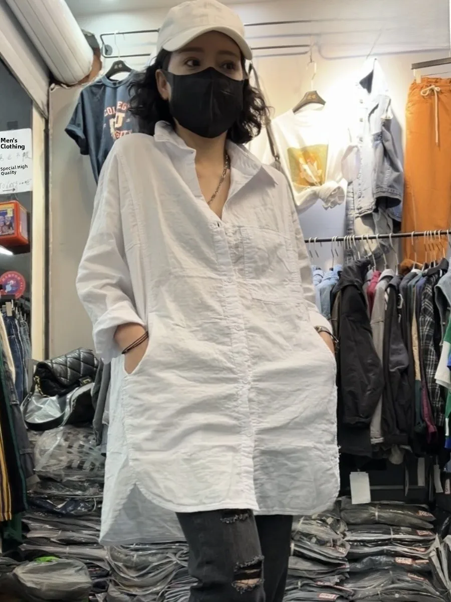 Haut en lin et coton pour femmes, Long Sve Midi, polyvalent, saison printemps, col ajusté confortable, matériau fin