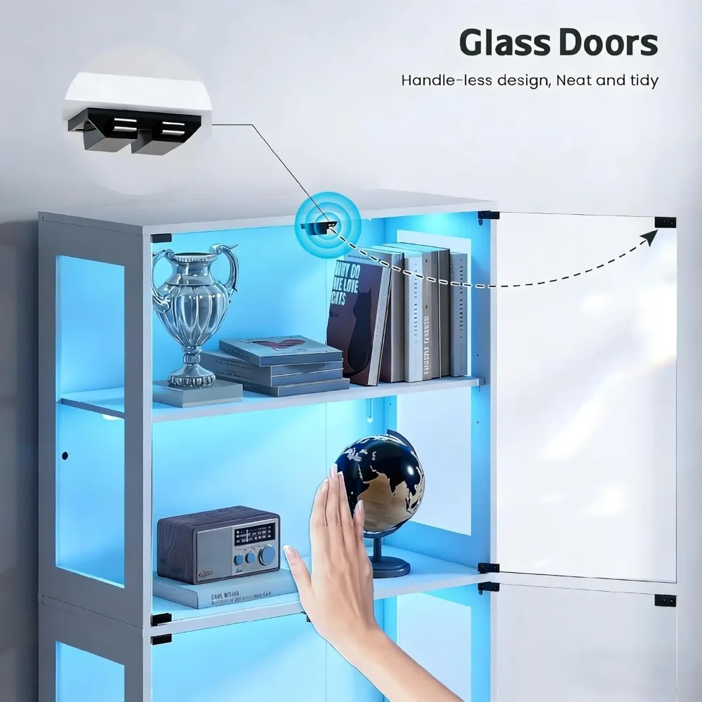 67" Curio Cabinet with Glass Doors, 4-Tier Display Case with RGB LED Lights & 2 Drawers, White for Collectibles view 5
