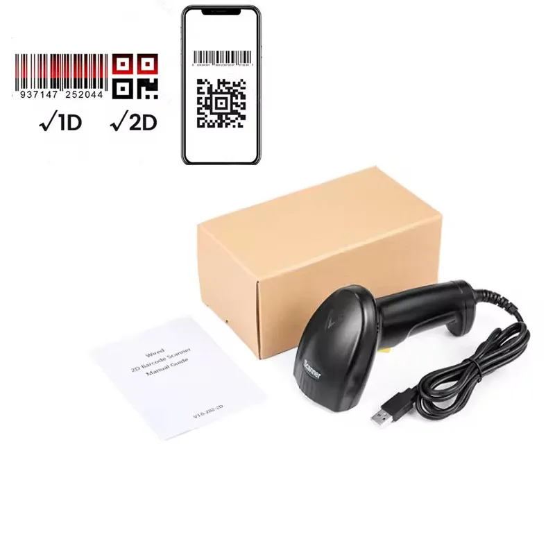 Handheld Barcode Scanner with 1D/2D QR Code Support, USB RS232 Cable Connection