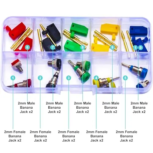 Banana Masculino e Feminino Plugs Assorted Kit, M2 Banana Plugs, Masculino Feminino Banana Jack, Panel Mount Banana Socket, 2mm