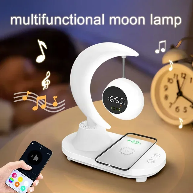 Smart home gadgets moon night light blue tooth speaker with wireless charger & digital alarm clock