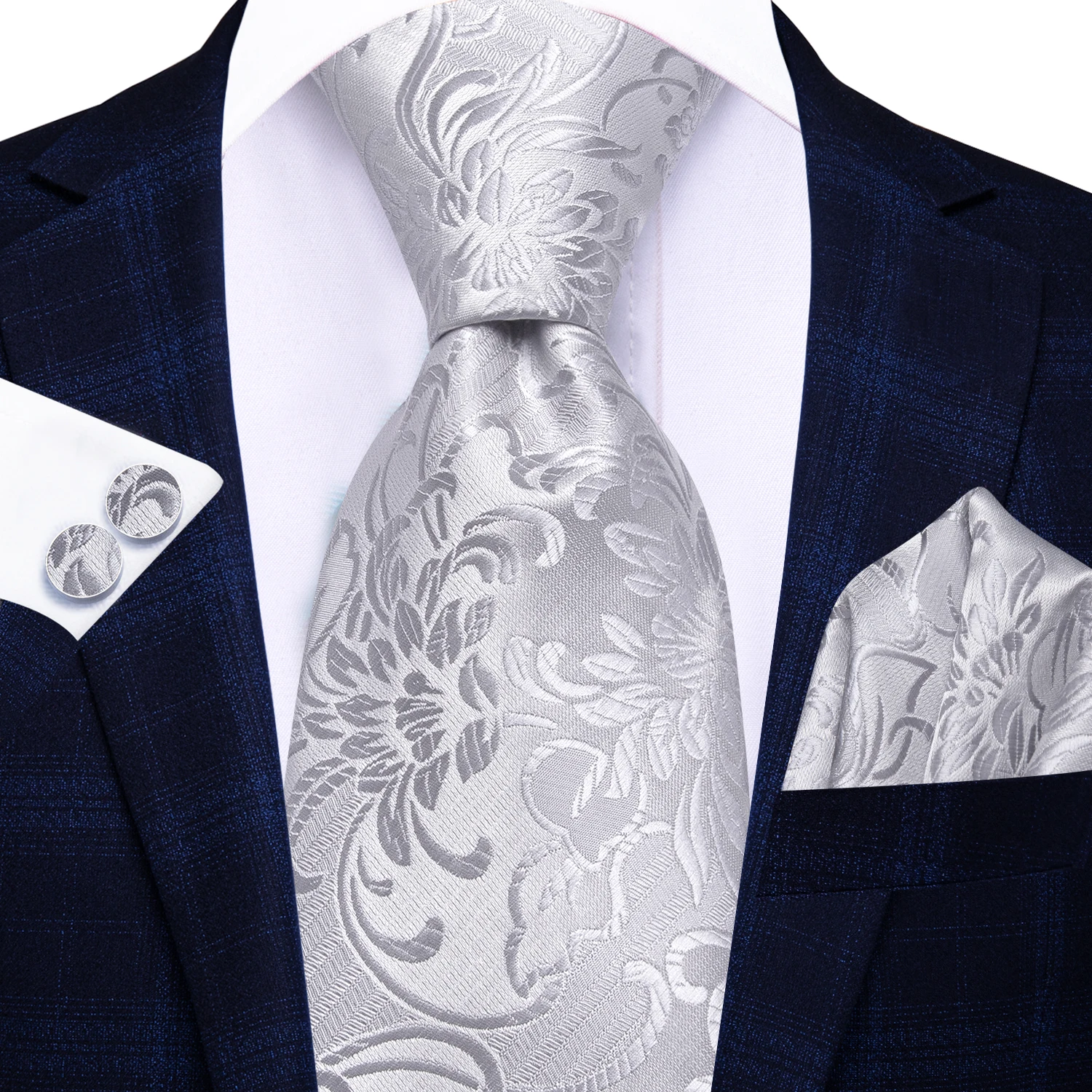 Hi-Tie Business Silver Floral Men Tie 8.5cm Jacquard Necktie Accessorie Daily Wear Cravat Wedding Party Hanky Cufflink Wholesale