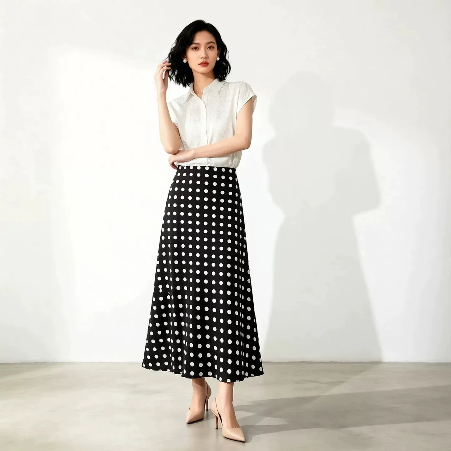 Winsleter-93%Silk 7%Spandex Elegant Skirts, Elastic Waist Dot Print, Women French Commute Trumpet Skirt, 2026 Autumn B69836CC