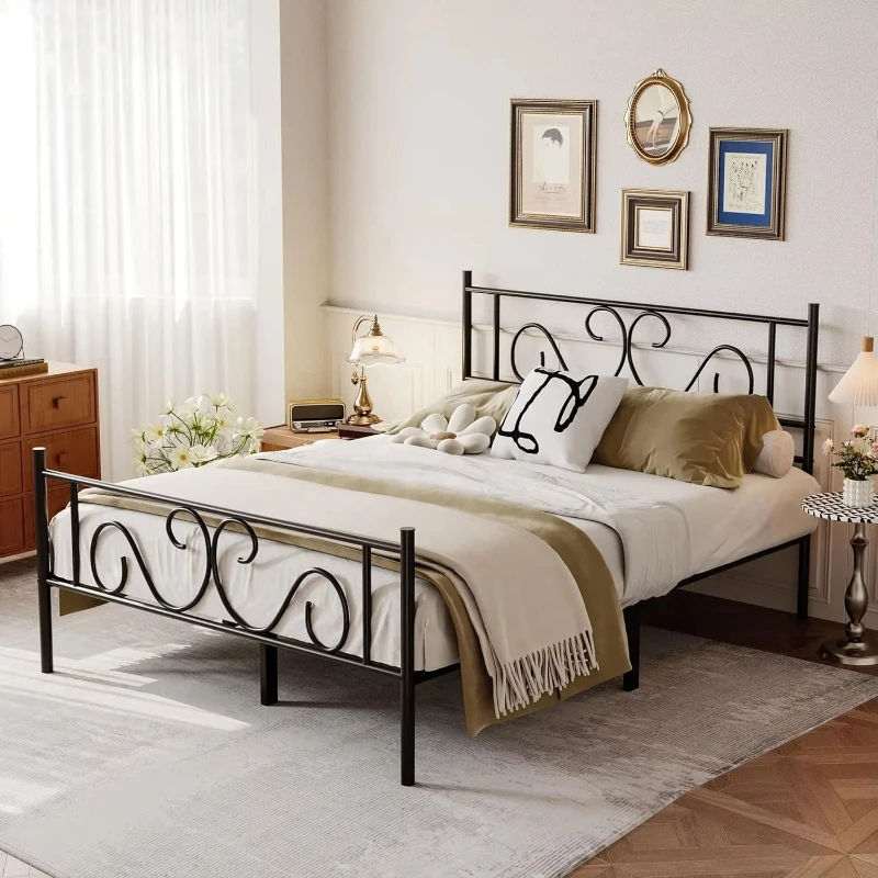 

Full-size metal platform bed frame with headboard and pedals, heavy-duty foundation with steel strip support