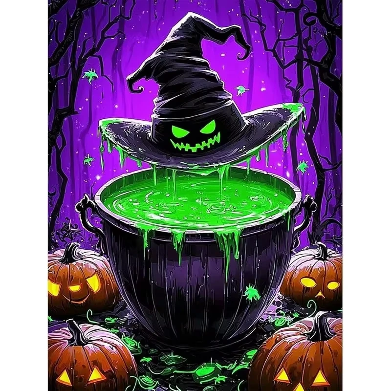 Oil Painting Halloween Witch Cauldron Pumpkin Potion Modern Wall Decor for Living Room Bedroom Perfect Gift No Frame