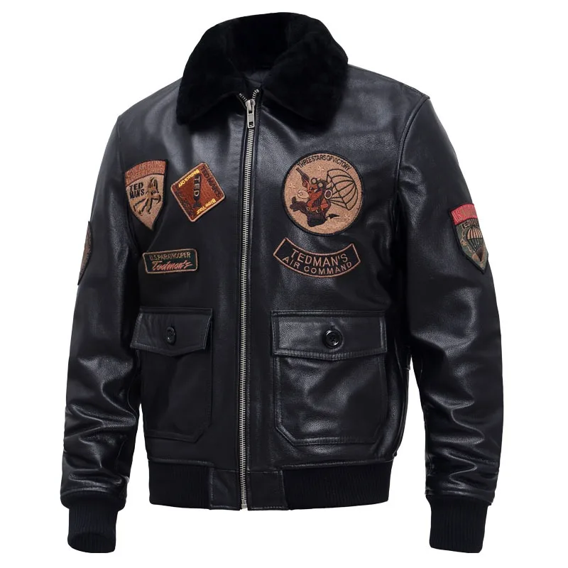 2024 New Winter 2G1 Pilot Top Layer Cowhide Men\'s Wool Collar Paratrooper Air Force Plus Cotton Embroidered Male Leather Jackets