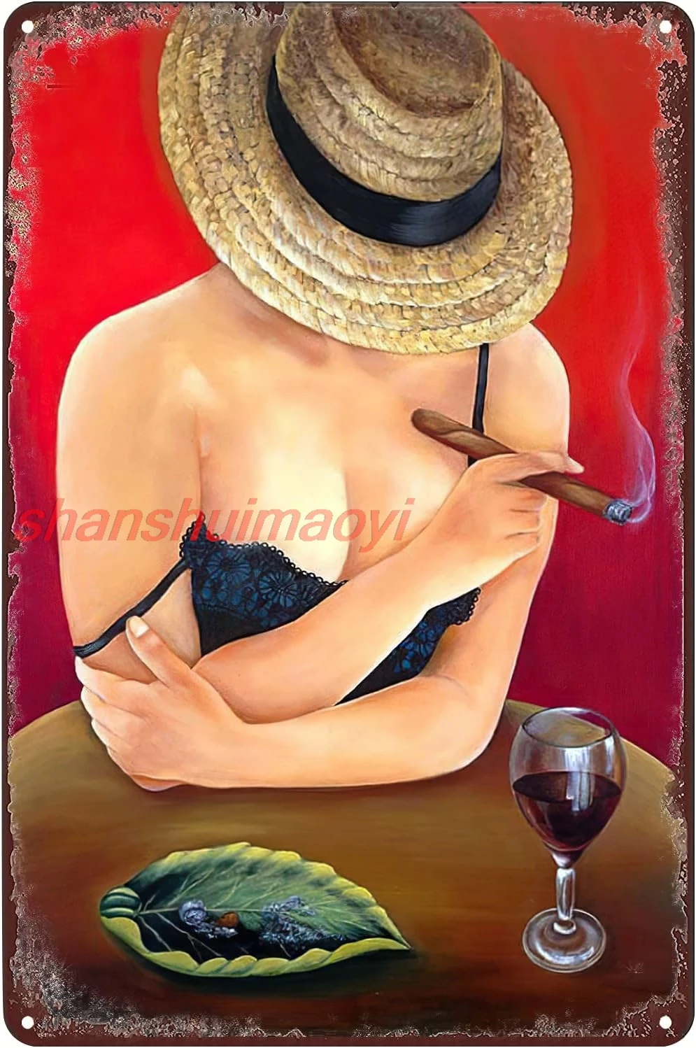 Vintage Metal Signs Sexy Woman Hat Cigar Tin Sign Pinup Girl Wine Poster Wall Art Decor Plaque for Home Bar Pub Club Lounge sign