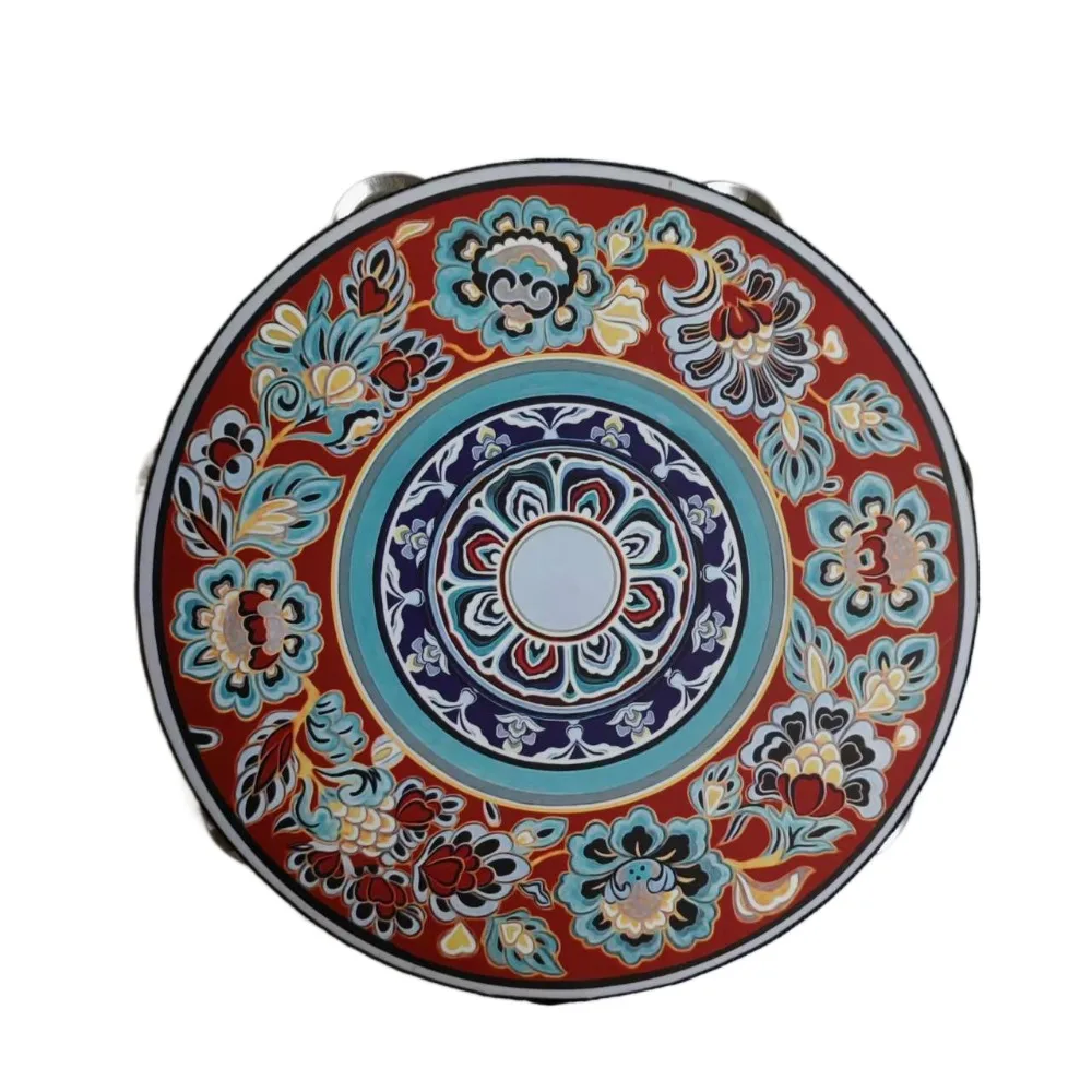 Ethnic Wooden Floret Hand Drum Chinese Style 8 Inch Tambourine Handbell Floral Pattern Single Row Music Percussion Instrument