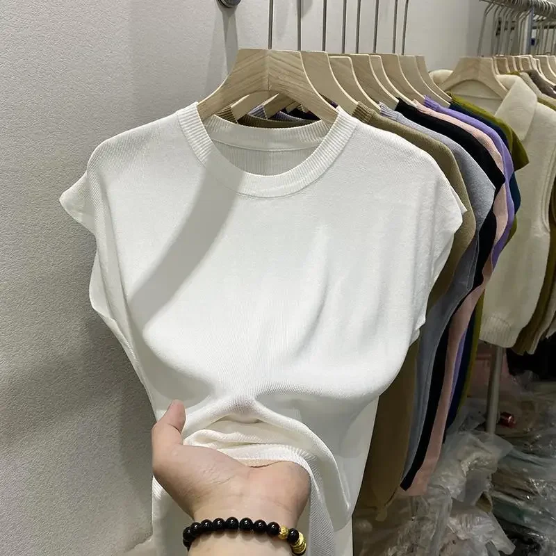 LOOSE O-Neck Ice Silk Knitted T-shirt Summer Thin Klein Blue Batwing Sleeve Top Women Oversized Short Sleeve Shirts for Women