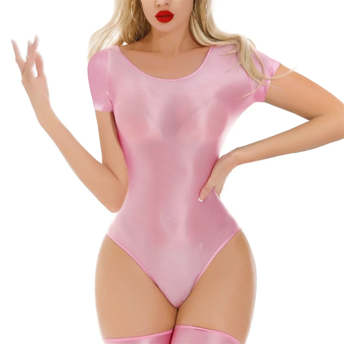 Womens One-piece Yoga Fitness Bodysuits Oil Shiny Jumpsuits Sexy Sheer Rompers Short Sleeve Solid Color Bikini Swimwear Catsuits