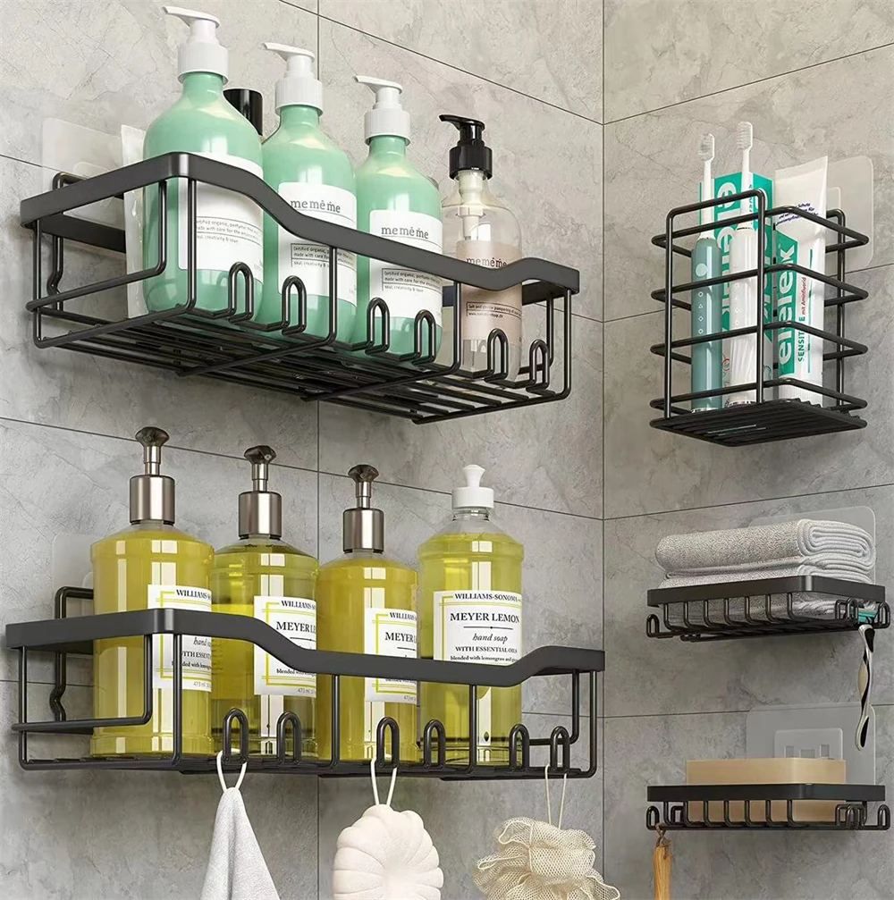 

Multi-Functional Black Metal Bathroom Shelf Set - Organize Your Shower Gels and Shampoos for a Neat and Orderly Living