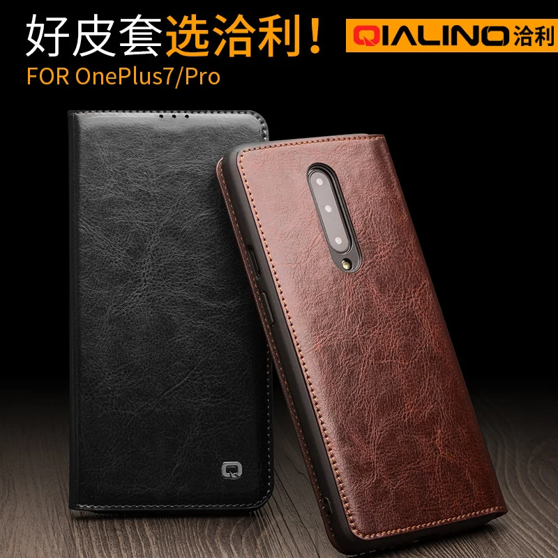 For One Plus 7 QIALINO Brand Natural Calf Skin Cowhide Genuine Leather Case Vintage Business Flip Cover For Oneplus 7 Pro