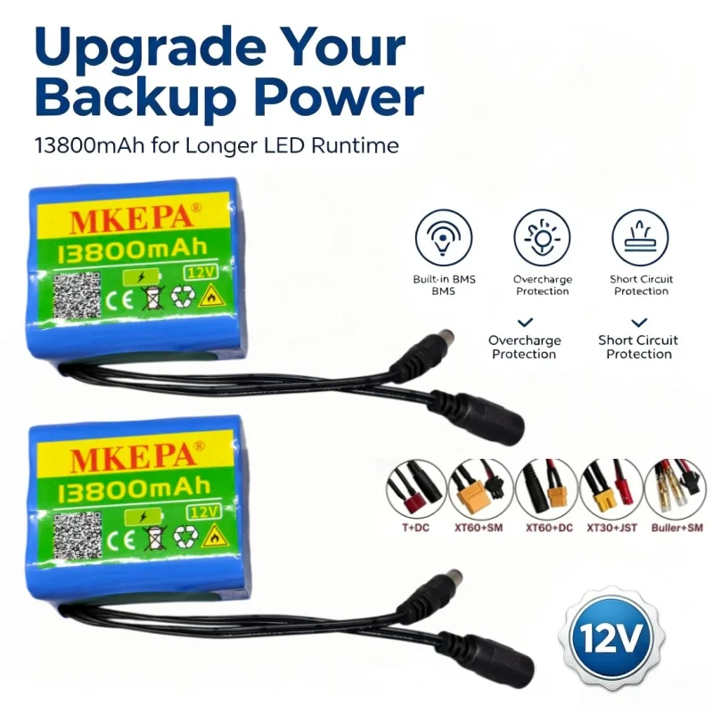 12V Lithium-ion Battery Pack 3S2P 13800mAh 18650, 3A BMS Protection for LED Lighting Backup Customizable