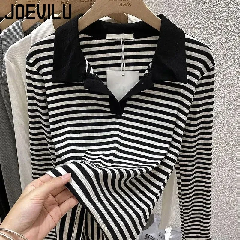 JOEVILU POLO Neck Striped T-shirt Women's Threaded Long Sleeved Tops Autumn Leisure Pullover Versatile Korean Outerwear Clothes