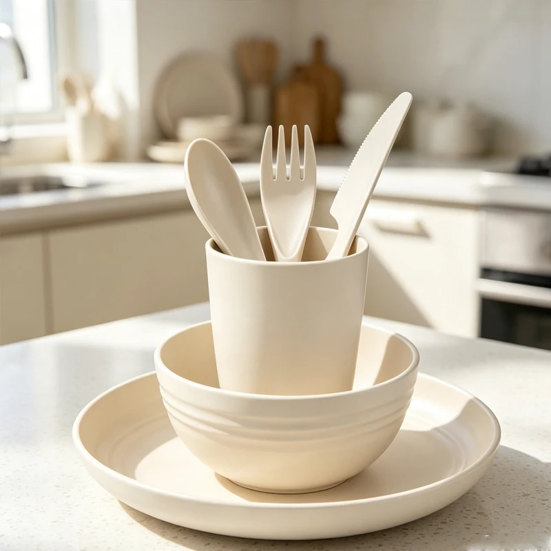 6Pcs environmental protection wheat straw tableware set, which can be reused for non-fragile camping picnic tableware.