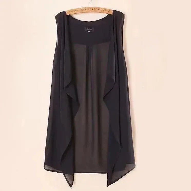 Chiffon Vests Women Holiday Street Solid Black Sweet Thin Summer All-match Fairy Outerwear Sexy Long Draped Open Stitch Vintage