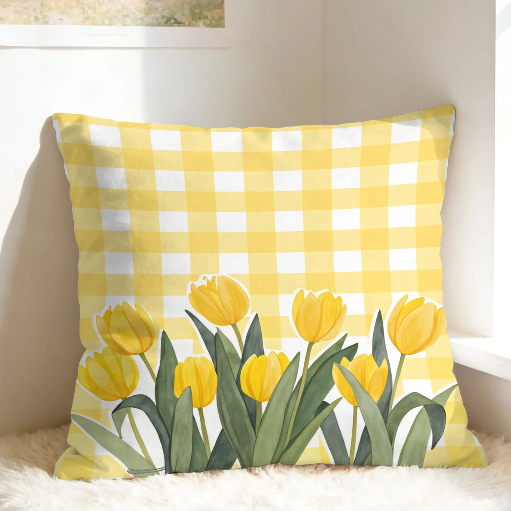 Yellow Tulip Bicycle And Hello Sunshine Pillowcases  Retro Trendy Pillow Case For Sofa Bedroom Home Decor Comfy Pillow Cover