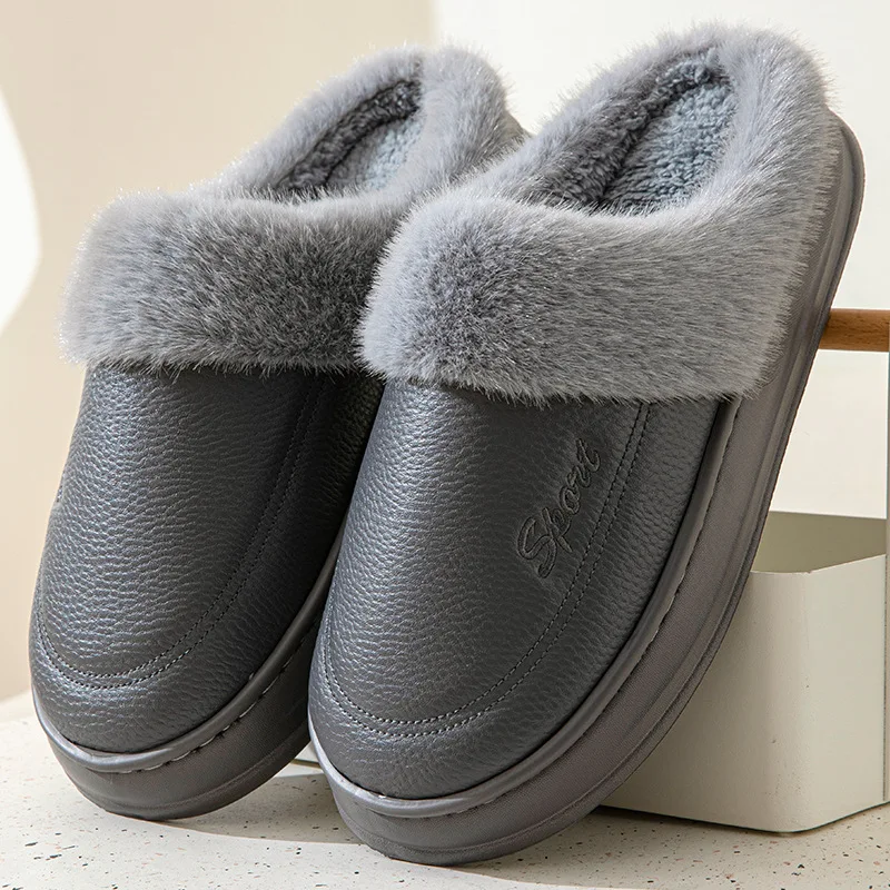 

Big Size 50 51 Men Warm Slippers PU Waterproof Winter Furry Shoes Platform Non-slip Fluffy Flats Indoor Casual Home Plush Slides