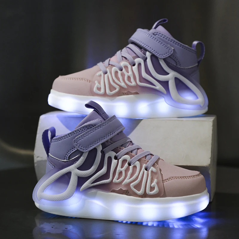

Новая детская обувь для девочек, модная обувь со светодиодной подсветкой и USB-зарядкой, высокие повседневные кроссовки для детей, светящиеся кроссовки для мальчиков