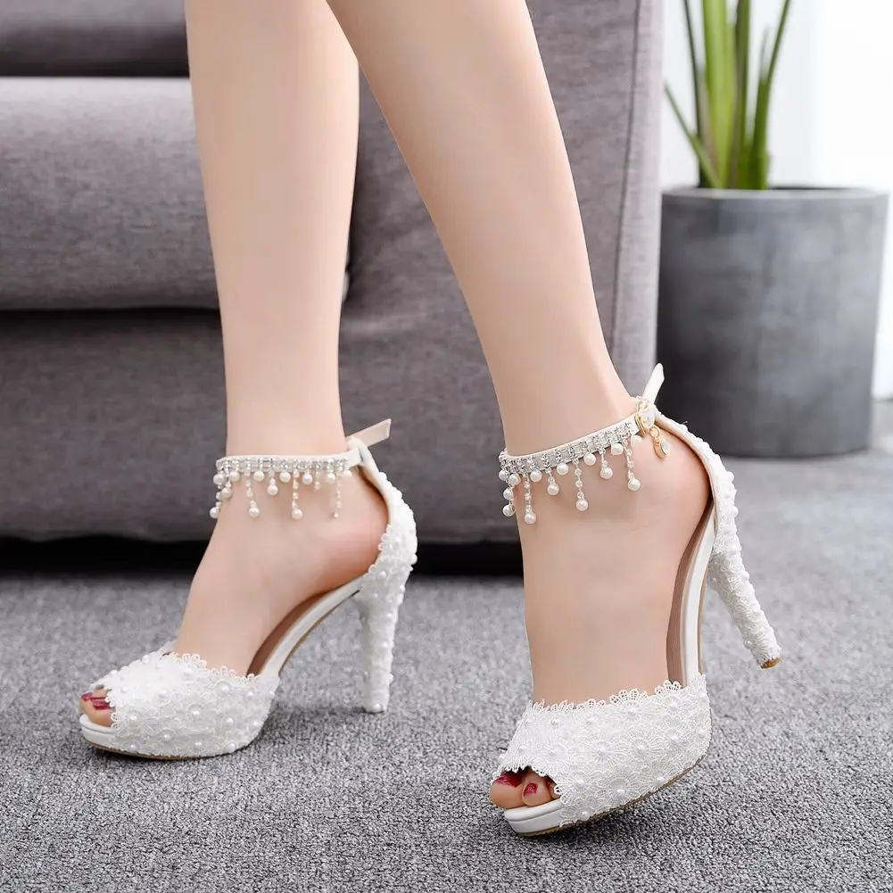Women High Heel Shoes for Female Pointed Fashion Sandals Lace Pearl Platform PU 10CM Thin Heels Peep Toe Dress Woman Shoes image 4