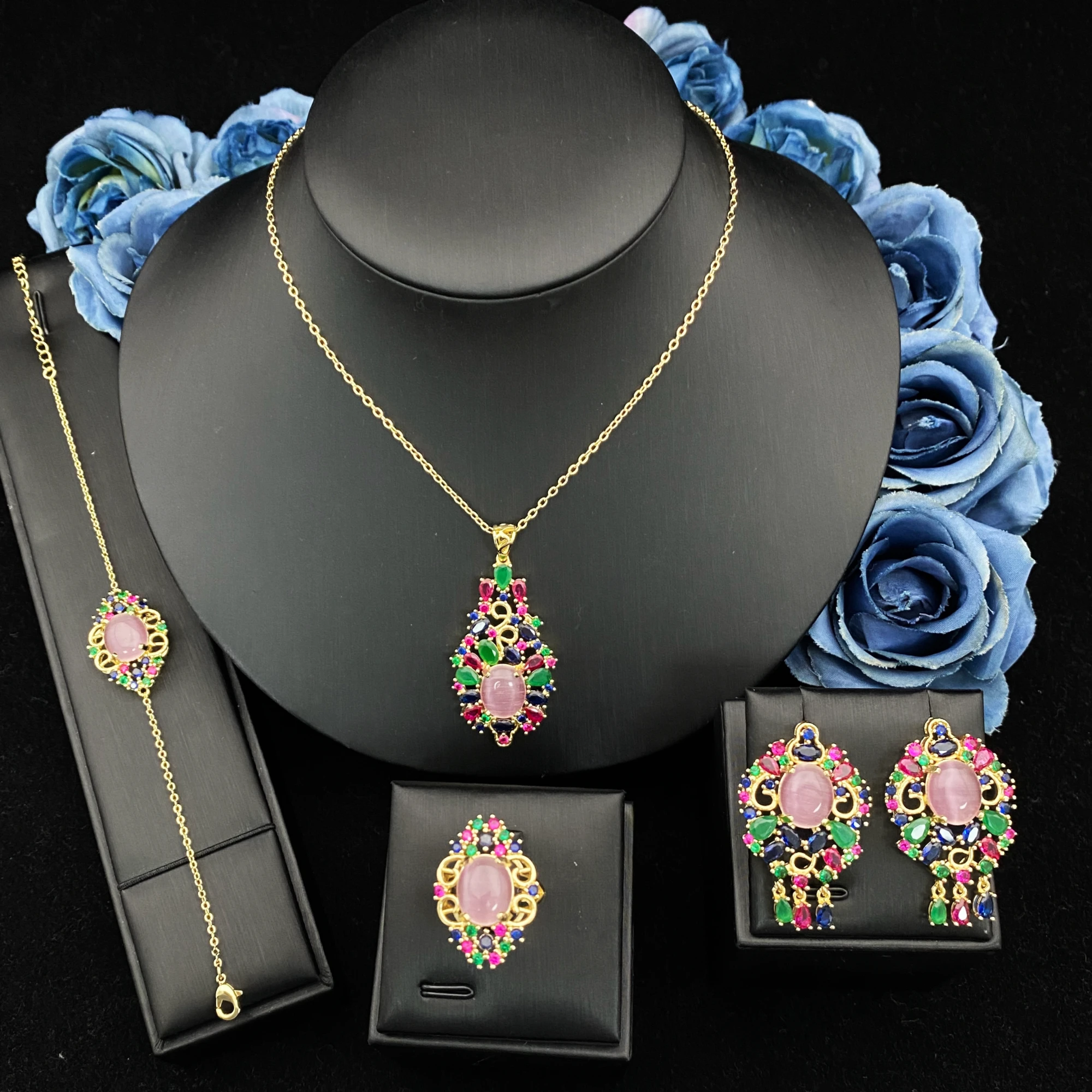 

JRH Festival Gift Set Zircon Gold Plated Copper 4PCS Jewelry Women's Simplicity Exquisite Necklace Earrings Bracelet Ring