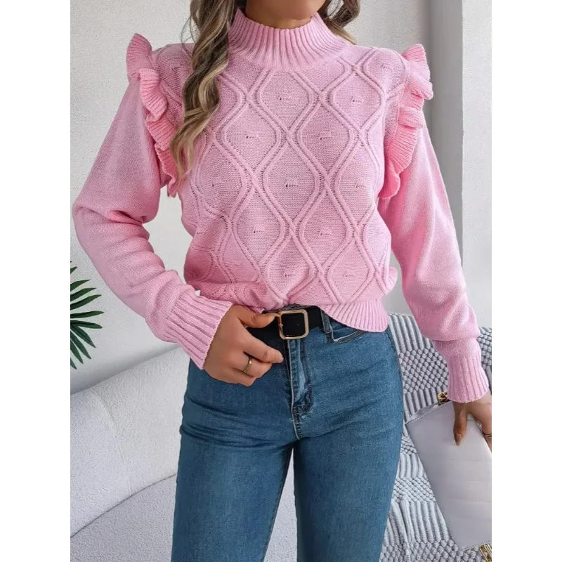 Fall Mushroom Edge Long Sleeve Stand Up Collar Sweater for Women Stylish Loose Solid Color Pullover Casual Ruffled Sweaters Tops