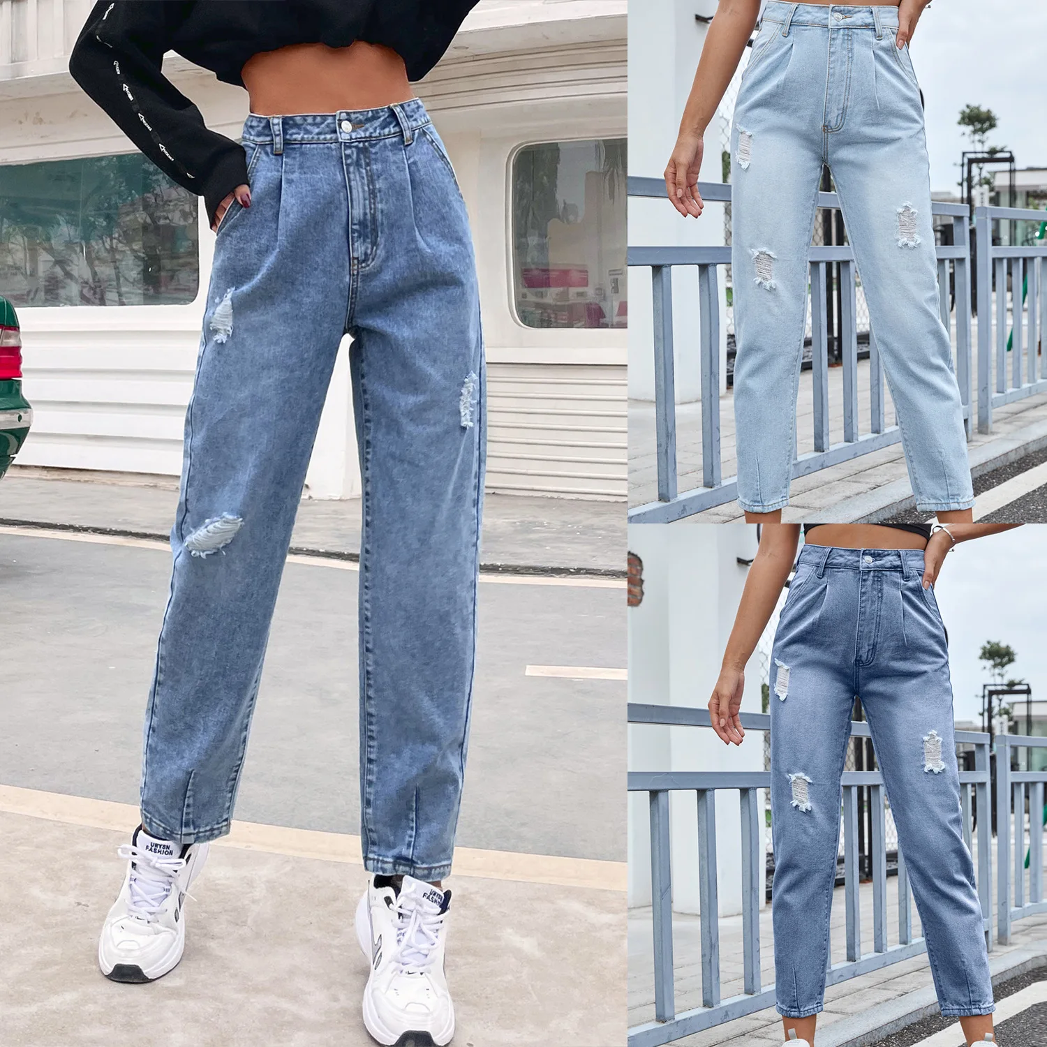 Distressed Women Jean Straight Pants High Waist Ankle Length Jeans Ripped Loose Fit Basics Washed Denim Pants Hole Autumn