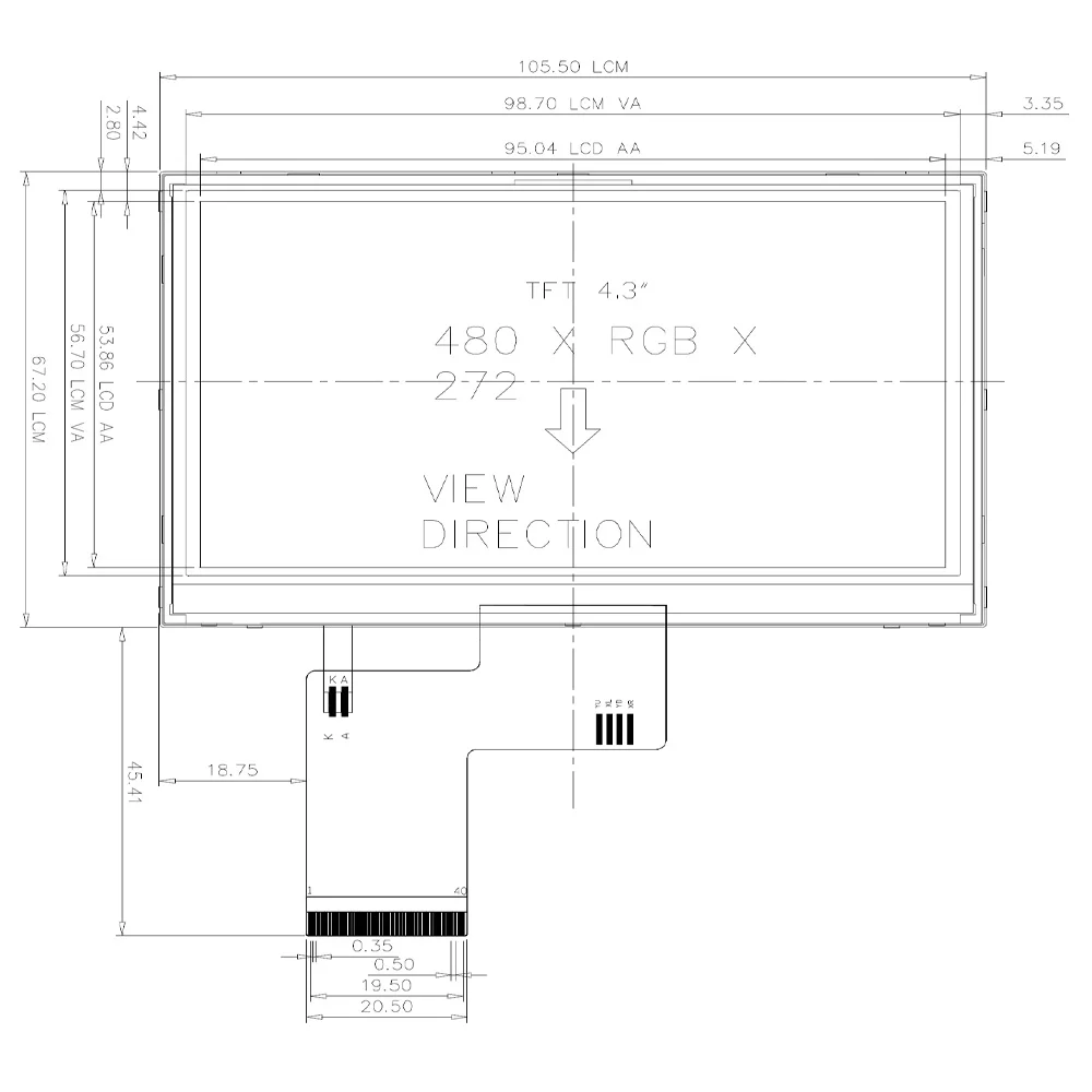 Écran d\'affichage LCD TFT, technologie 4.3*480 HD IPS TN NV3047, plug-in 40 broches, 24 bits, interface RVB, 272 V, 3.3, 500, Shoance, 1000 pouces