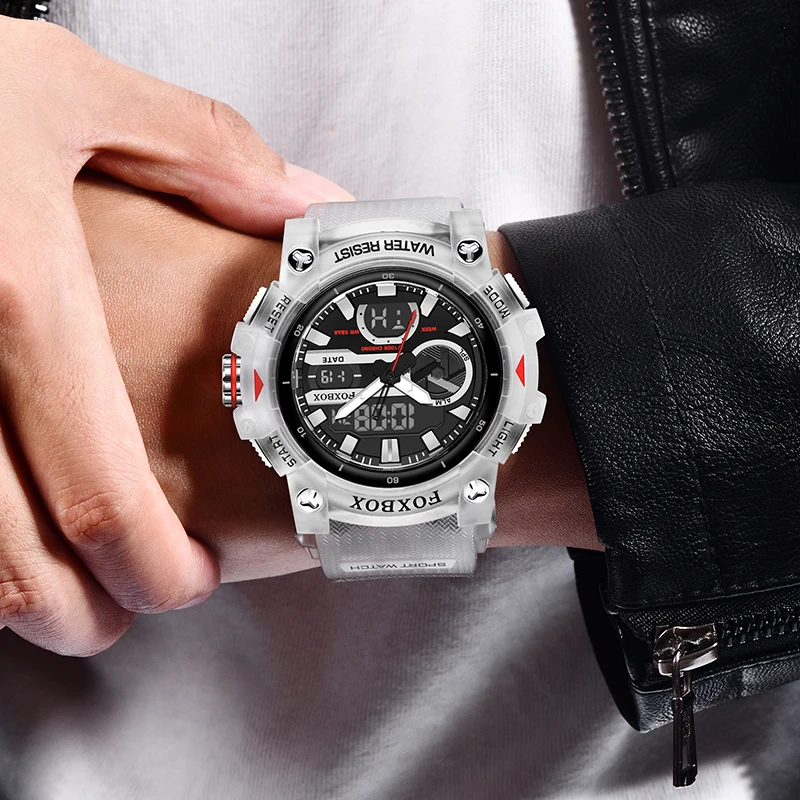 فوكس بوكس المزدوج الوقت الضوء الخلفي عرض الساعات الرياضية رجالي ساعات كوارتز بولي Strap حزام مقاوم للماء ساعة اليد ساعة Reloj Hombre + صندوق