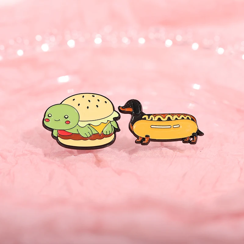 Hot Dog Enamel Pins Cartoon Turtle Hamburger Dachshund Brooches Backpack Lapel Badge Animal Jewelry Gifts Accessories