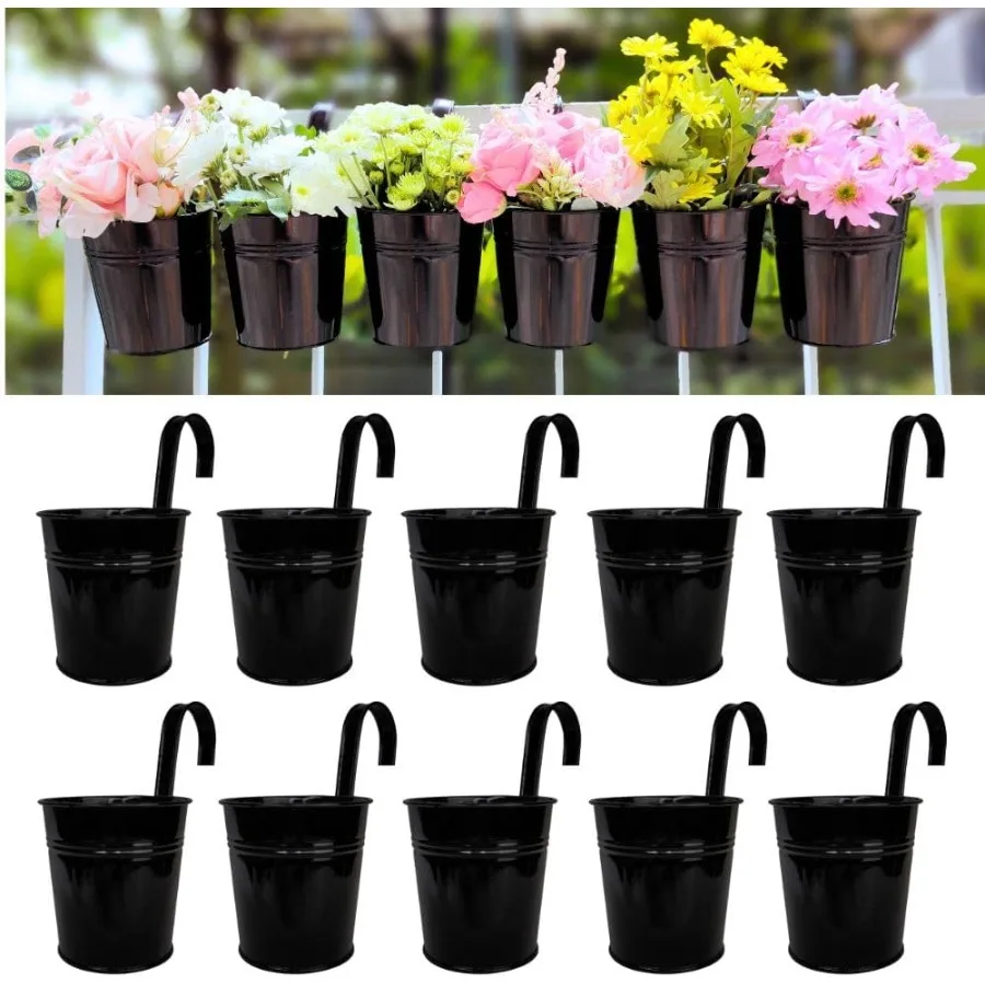 

LaLaGreen Small Hanging Planters 10 Pack 4 Inch Black Metal Bucket Small Flower Pots for Outdoor Outside Balcony Railing Hangin