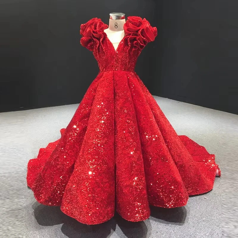 

Flower Girl Dresses for Wedding Sequins Tulle Puffy Sleeves First Communion Baptism Birthday Party Gowns for Kids Girls