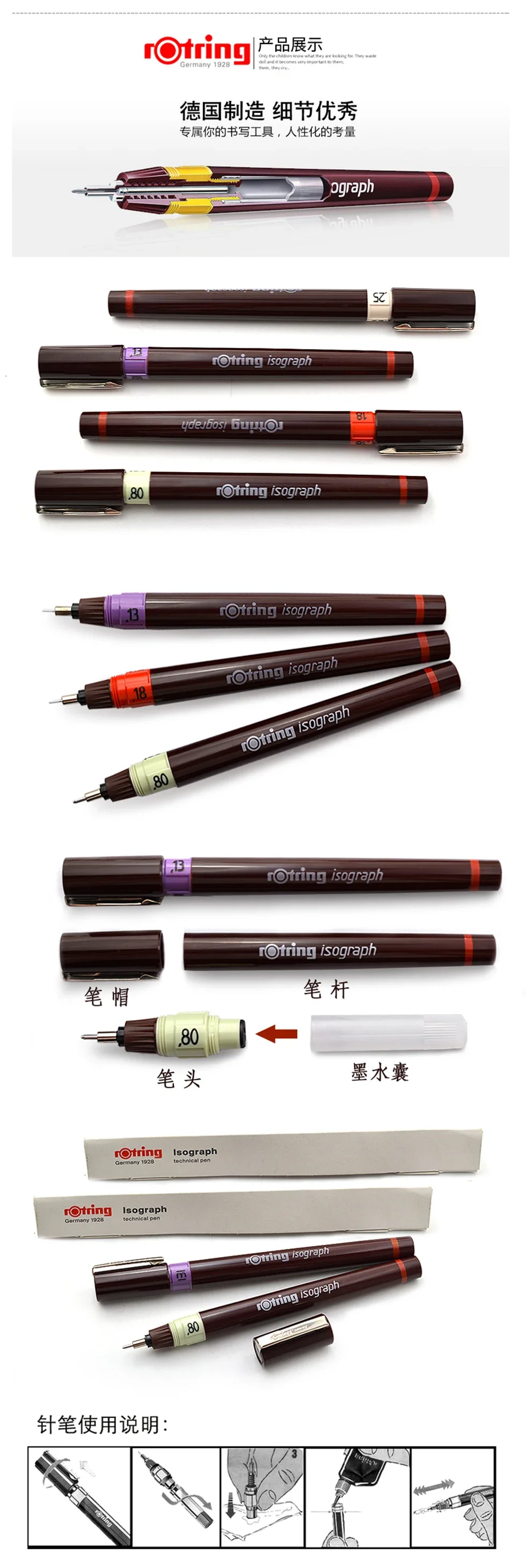 1 Stück Rotring Isograph Nadelstift 0,1-0,8 mm, wiederholbar austauschbare Spitze, nachfüllbare Tinte, Hakenlinienstift, Handmal-/Zeichenstift – Detail 3