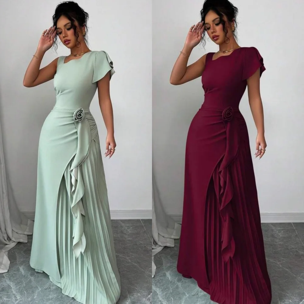 

Customized Modern Style Matching Jersey Handmade Flower Ruched Mermaid Off-the-shoulder Long Dresses Bespoke Occasion Dresses