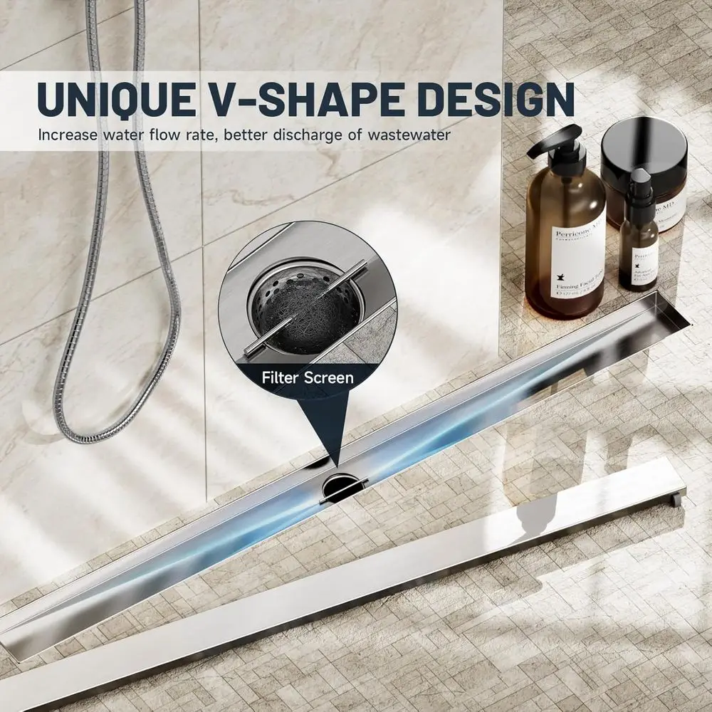 36 مصفاة دش مستطيلة مع حشوة بلاط، 304 من الفولاذ المقاوم للصدأ، لمسة نهائية من النيكل المصقول، تتضمن مصفاة الشعر #2