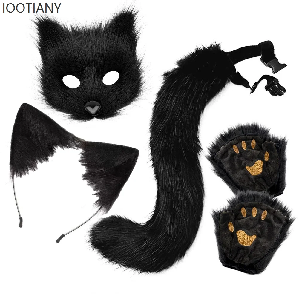 Kawaii lolita 4 peças de pelúcia animal raposa máscara com orelhas bandana e cauda conjunto anime convenção festa cosplay acessórios adereços