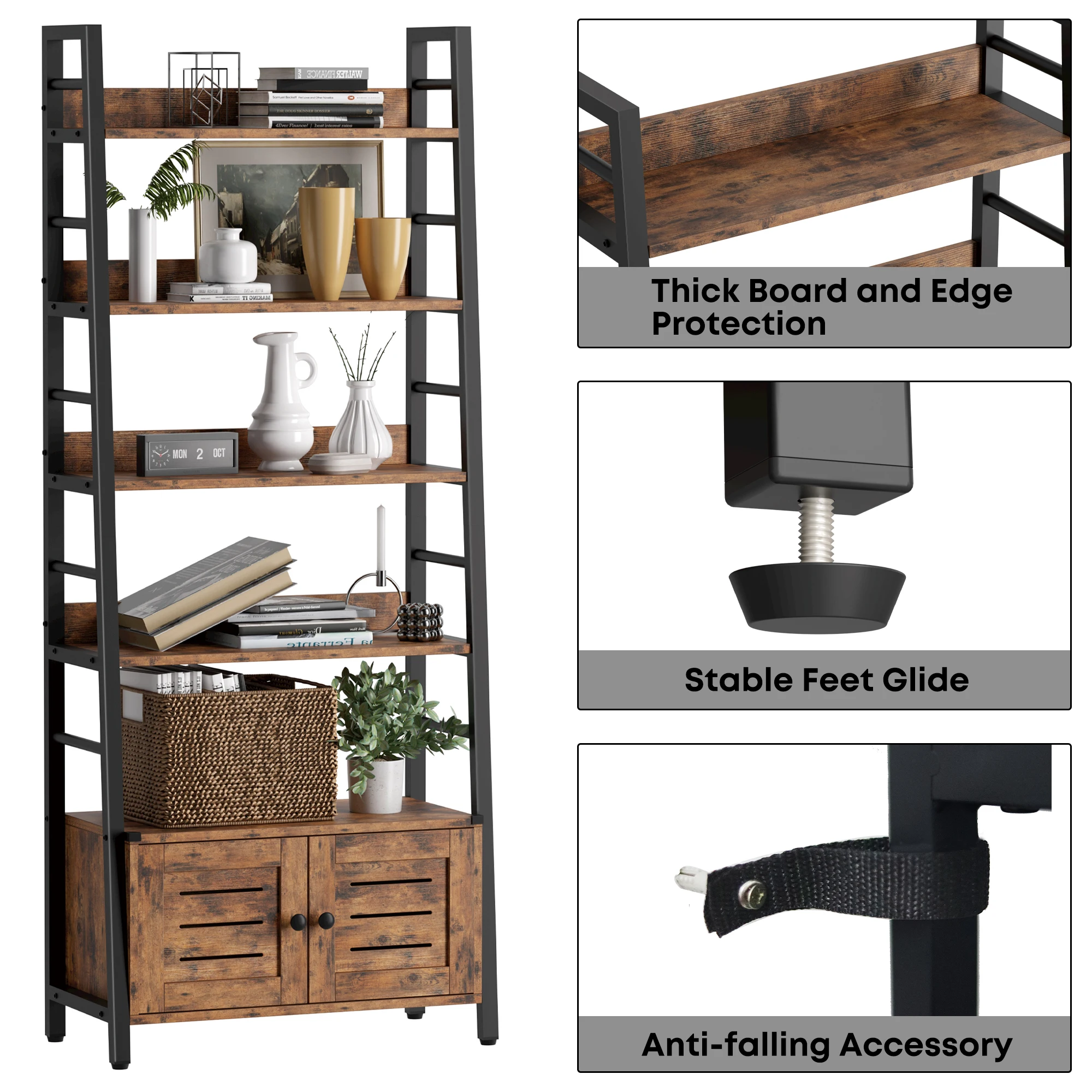 IRONCK Bookshelf with Louvered Doors, 4-Tier Ladder Shelf with Cabinet Industrial Accent Furniture for Bedroom Living Room Home