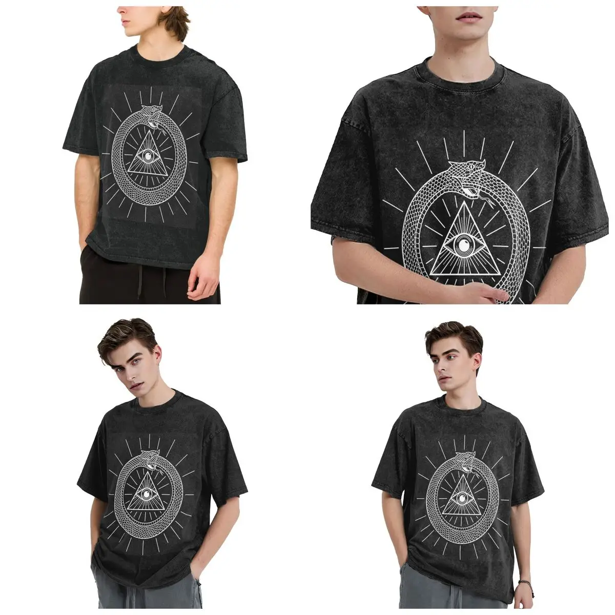 All-seeing Eye Soteric Of Ouroboros Snake Hip Hop Short Sleeve T-Shirts Washed Tops Tees Streetwear T Shirt Harajuku Men Women