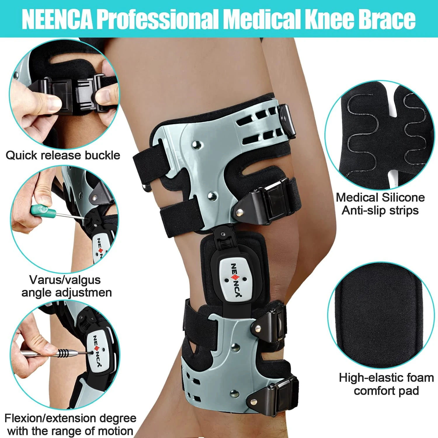 NEENCA Unloader ROM Kniebandage, aufklappbarer Stabilisator, verstellbare Erholungsunterstützung für ACL MCL PCL Verletzungen, Meniskusriss, Arthritis