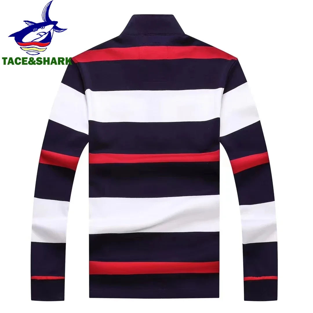 TACE&SHARK High Quality American British Royal Royal Sport Embroidered Stand Collar Polo Shirt Men\'s Long Sleeves Striped Tops