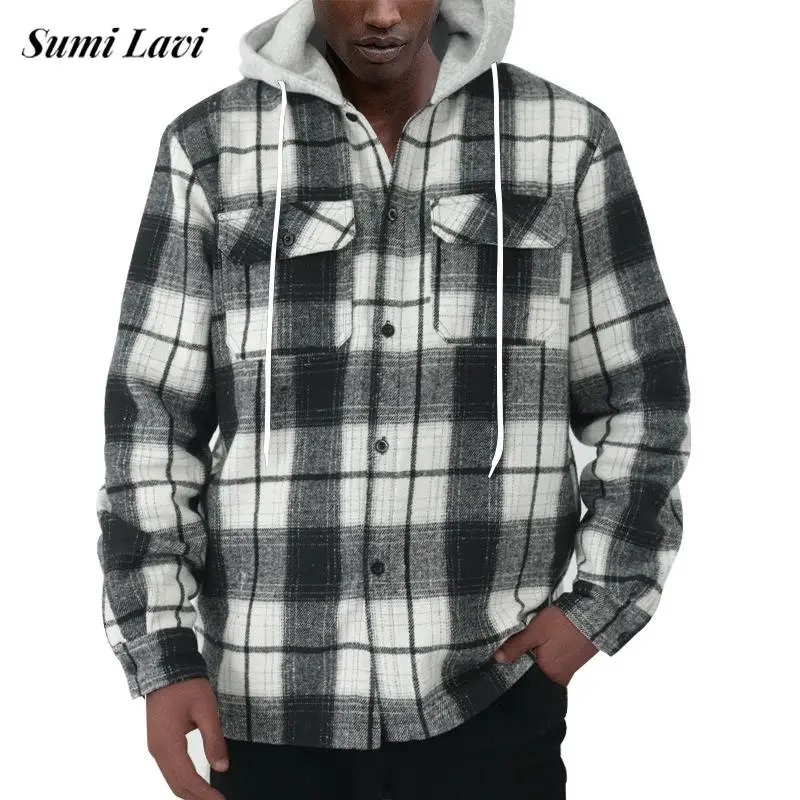 

Classic Plaid Fleece Mens Shirt Jackets With Hood Casual Long Sleeve Button Jacket Coats Men Streetwear Autumn Vintage Outerwear