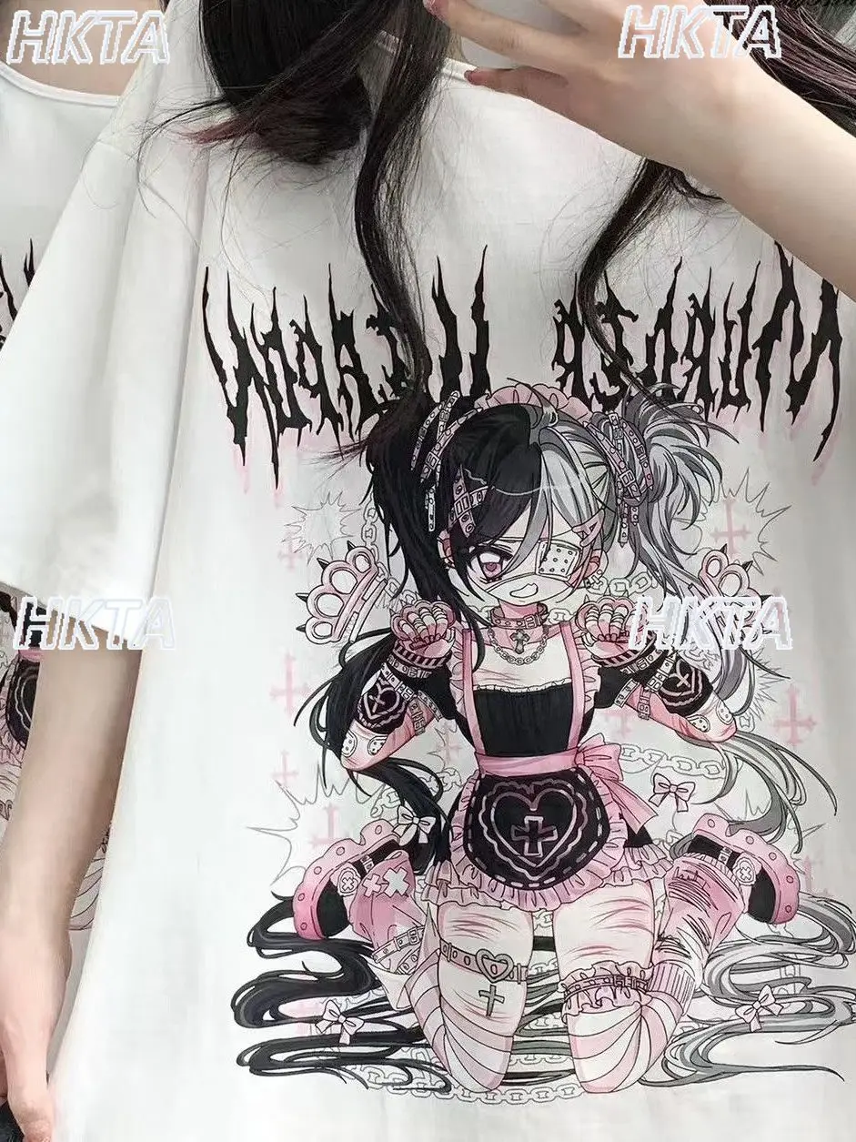 Japanese Subculture Y2k Goth Punk Millennial Two Dimensional Print Tshirt 2026 New Short Sleeved Casual T Shirt White Top Women