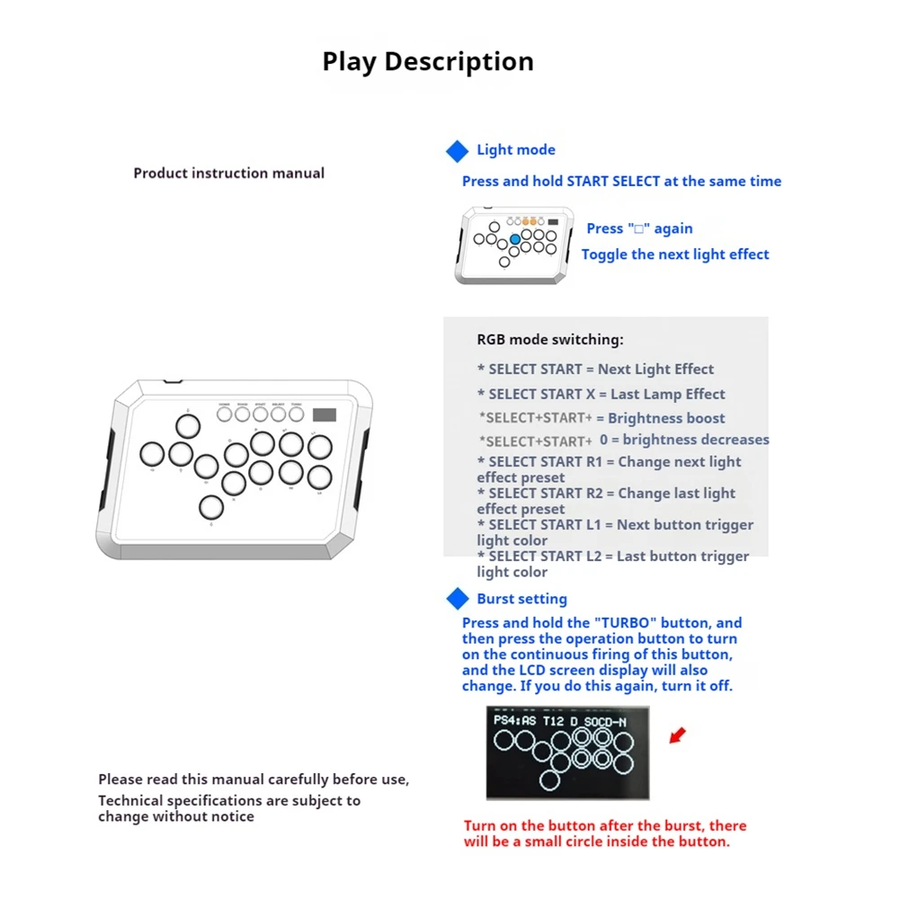 A50 Controller Gaming Keyboard RGB Light Joystick Controller for //PC/Steam Fightstick Keyboard