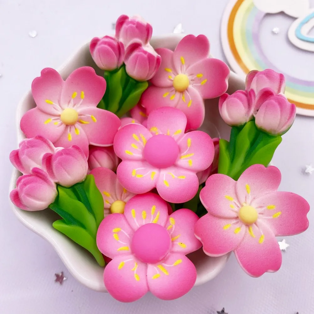 Resin Kawaii Colorful Painted Cherry Blossoms Lotus Flatback Stone Scrapbook Figurine 10PCS DIY Bow Decor Accessories Crafts OM4