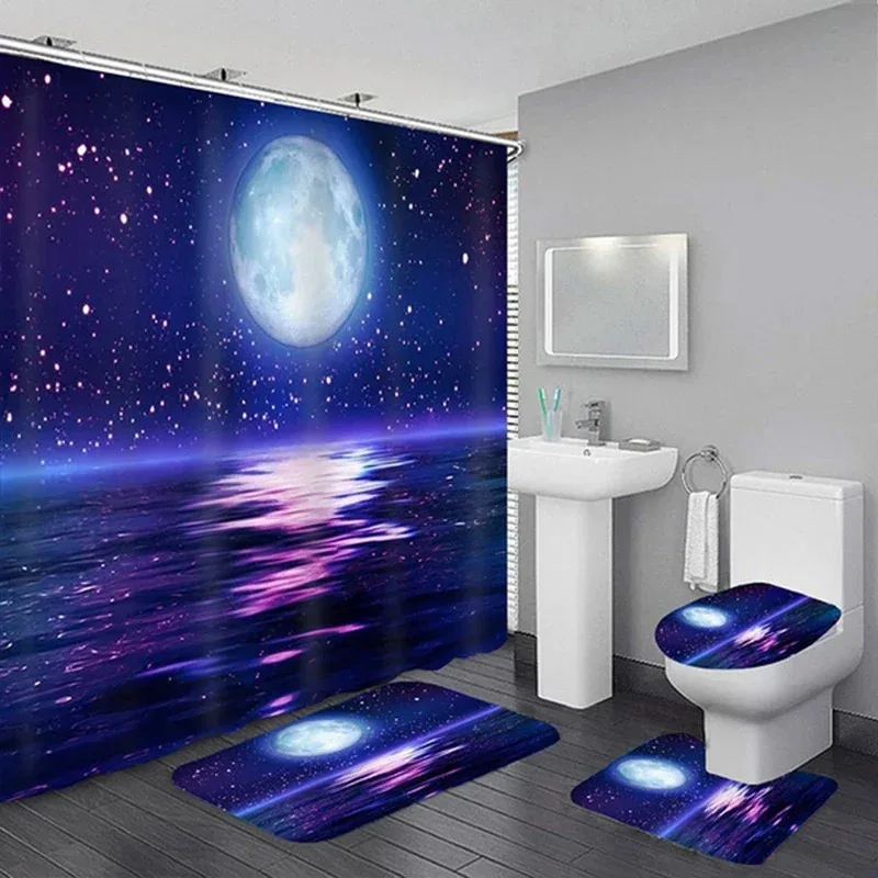 

SJN33Waterproof Shower Curtain Sets with Rugs Moonlight Sea Scenery Bath Rug and Mats Hooks Toilet Seat Cover Bathroom Deco9Kk&